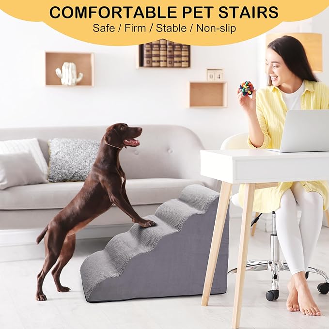 Dog Stairs for Bed and Couch, Non-Slip 5-Step Pet Stairs, 24" High Sofa Foam Dog Ramp - Best for Small Pets, Dogs and Cats with Joint Pain-PurrikoPets