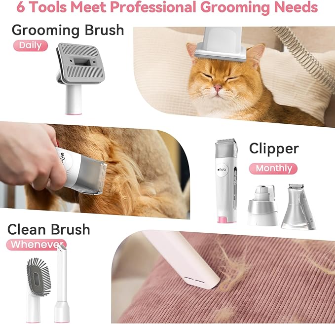 Afloia 6-in-1 Dog Grooming Kit, Pet Grooming Vacuum for Shedding, Dog Hair Vacuum with Clipper Nail Trimmer Grinder, Pet Brush Groomer at Home, Low Noise Cats Hair Remover, 1.5L Dust Cup, Pink-PurrikoPets