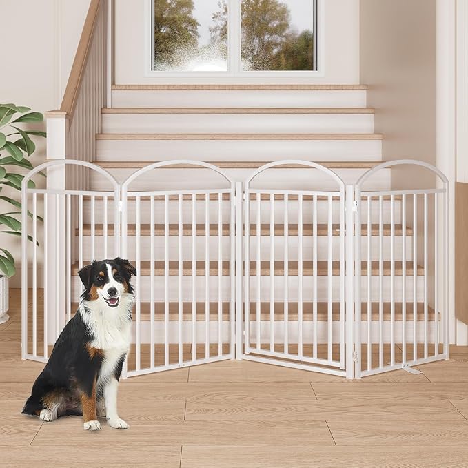 4 Panles Full Matel Freestanding Dog Gates with Door, 96"Extra Wide 36"Tall Free Standing Dog Pet Gate for Indoor & Outdoor. Foldable Pet Fences for Doorways, House, Stairs, Porch, Deck, Yard-PurrikoPets