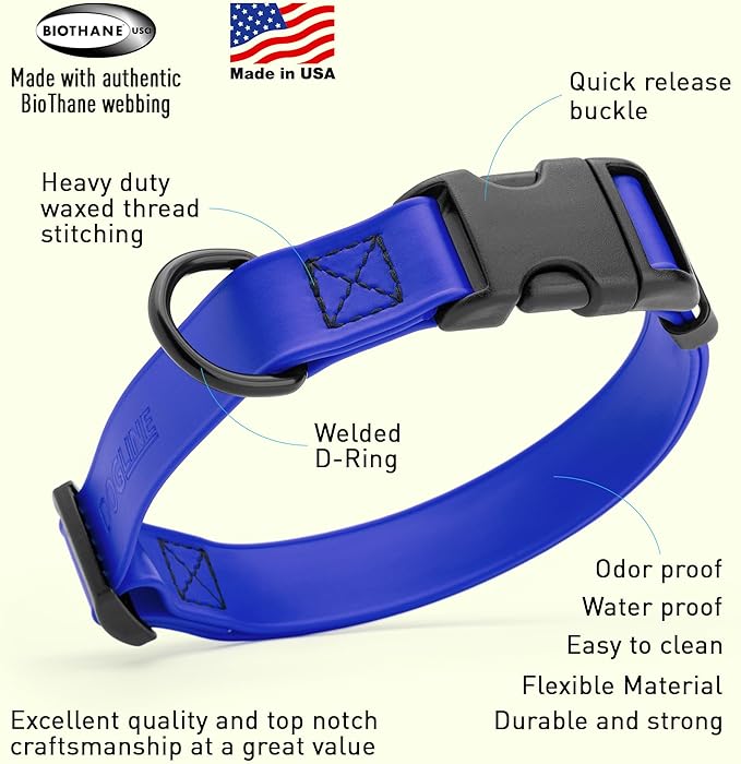 Dogline Biothane Waterproof Dog Collar with Quick Release Buckle Strong Coated Nylon Webbing with Odor- Proof for Easy Care Easy to Clean Fits Small Medium or Large Dogs, Royal Blue 1" W 15-23" L-PurrikoPets
