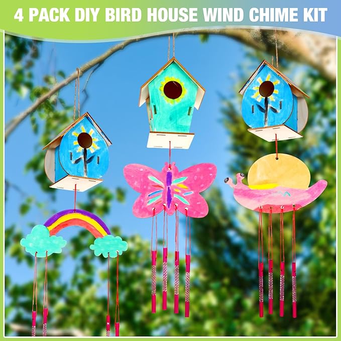30 Pcs Crafts DIY Bird House Wind Chime Kit Unfinished Wood Birdhouse Kits 12 Wooden Birdhouses & 18 Wind Chimes Build and Paint Birdhouses Bulk Crafts Set-PurrikoPets