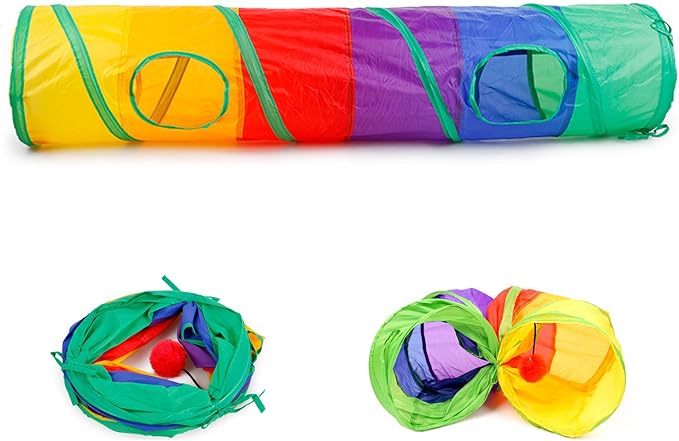 32Pcs Cat Toys Kitten Interactive Pet Toys Assortments, Foldable Rainbow Tunnel, Cat Feather Teaser Wand Interactive Feather Toy Fluffy Mouse Crinkle Balls Bell Play for Cat Puppy Kitty Kitten(2 way)-PurrikoPets