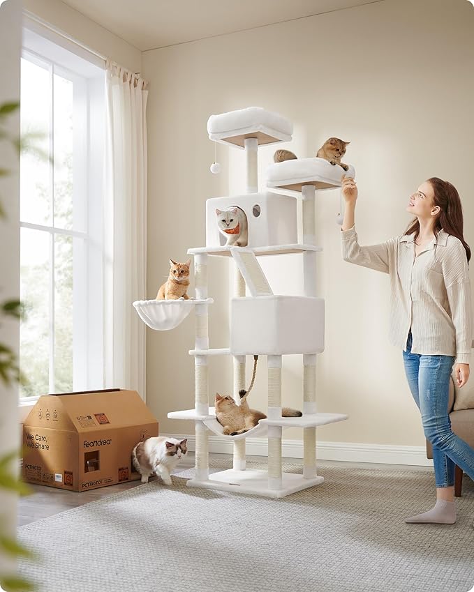 Feandrea Cat Tree, 81.1-Inch Large Cat Tower with 13 Scratching Posts, 2 Perches, 2 Caves, Basket, Hammock, Pompoms, Multi-Level Plush Cat Condo for Indoor Cats, Cream White UPCT190T01-PurrikoPets