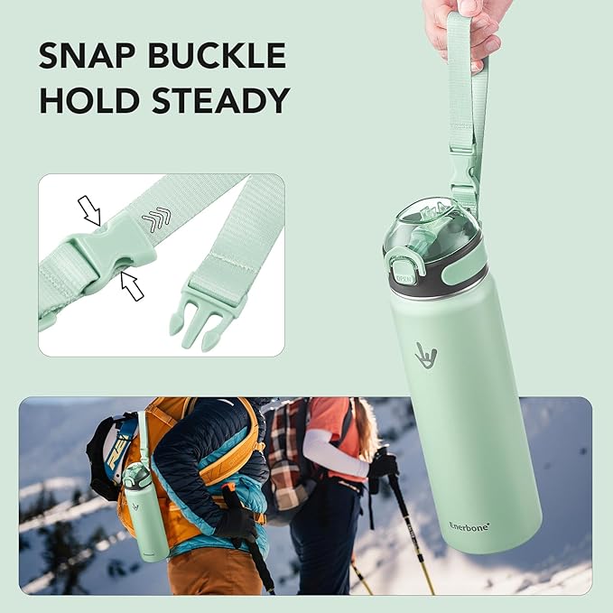 Enerbone 24 oz Insulated Water Bottle, Stainless Steel Bottle with Carrying Strap, Double-Wall Vacuum Insulation Design, Leakproof Sports Bottle with Straw, Keep Drinks Cold or Hot for Hours-PurrikoPets