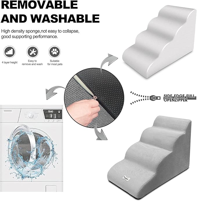 Dog Stairs, Removable and Washable Pet Stairs, 4-Steps Non-Slip Pet Ramp, Dogs Steps for High Bed Sofa, High Resilience Sponge Dog Stairs(White)-PurrikoPets