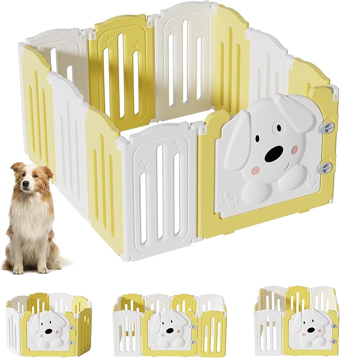 Foldable Dog Play Pen Indoors, Non-Slip Sturdy Puppy Playpen with Door, 25.5" H 10-Panel Adjustable Shape Dog Fence Pen for Small/Medium Dogs, Thickened, Easy to Store, White+Yellow-PurrikoPets