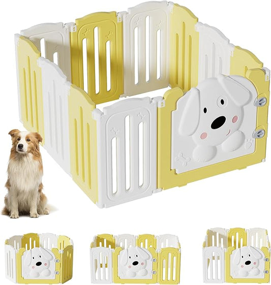 Foldable Dog Play Pen Indoors, Non-Slip Sturdy Puppy Playpen with Door, 25.5" H 10-Panel Adjustable Shape Dog Fence Pen for Small/Medium Dogs, Thickened, Easy to Store, White+Yellow-PurrikoPets