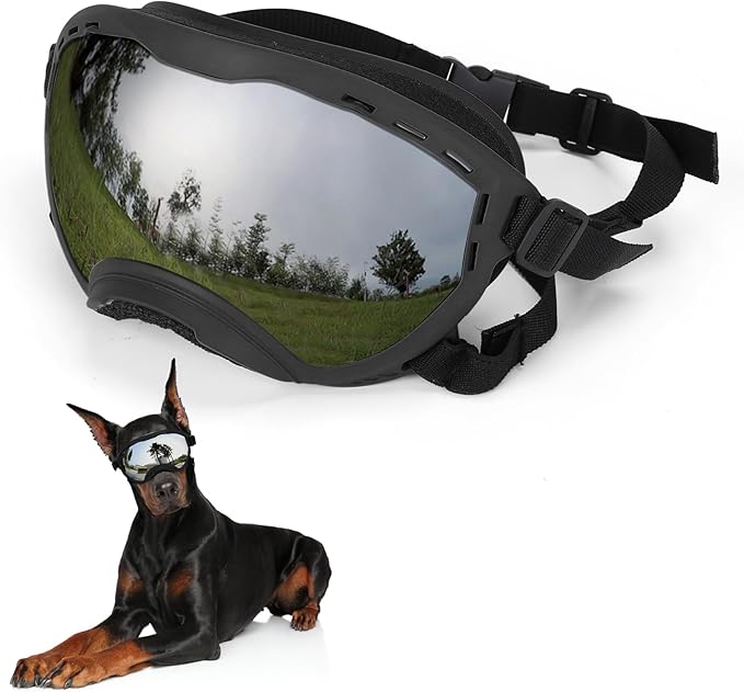 Dog Goggles for Large Dogs, UV Wind Dust Fog Protection, Soft Frame Adjustable Dog Sunglasses, Summer Driving & Winter Snow Eyewear, Tactical Pet Glasses with Elastic Strap (Black)-PurrikoPets