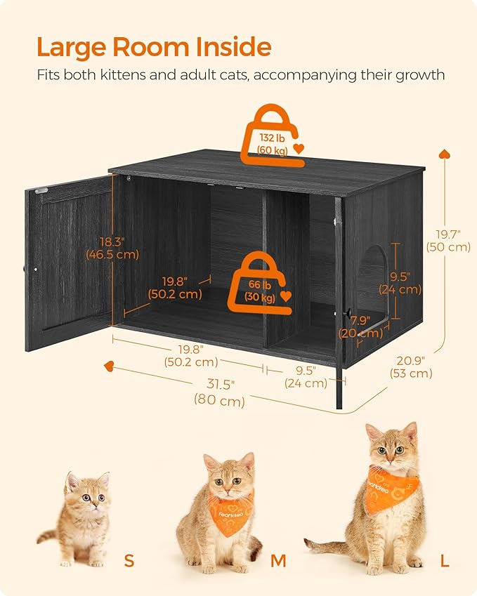 Feandrea Cat Litter Box Enclosure, Litter Box Furniture Hidden with Removable Divider, Indoor Cat House, End Table, 31.5 x 20.9 x 19.7 Inches, Ink Black UPCL002B01-PurrikoPets