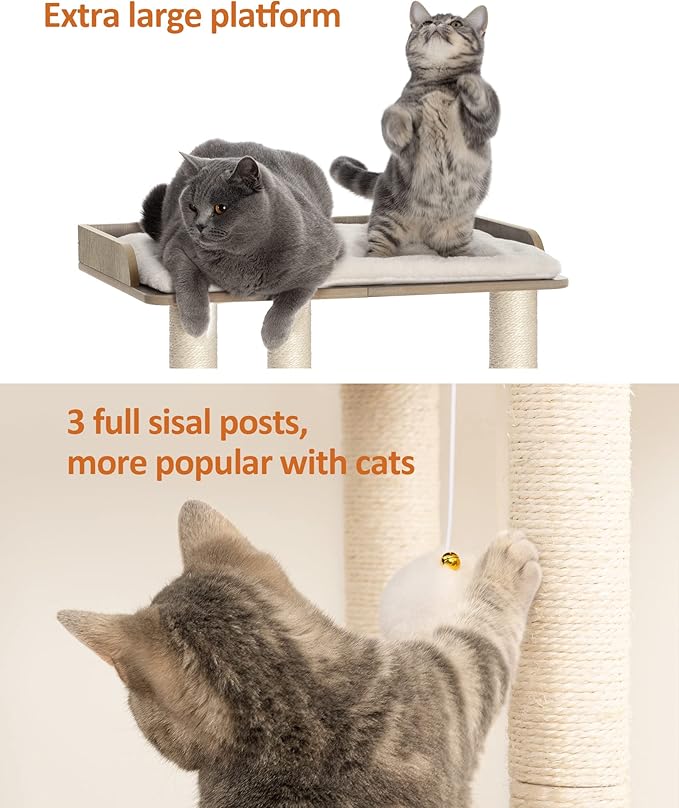 FourFurPets 26.7in Large Cat Tree Tower Condo, Cat Scratch Posts for Indoor Cats, Big Plate, Three 23.6in Full Sisal Scratching Posts, Greige-PurrikoPets