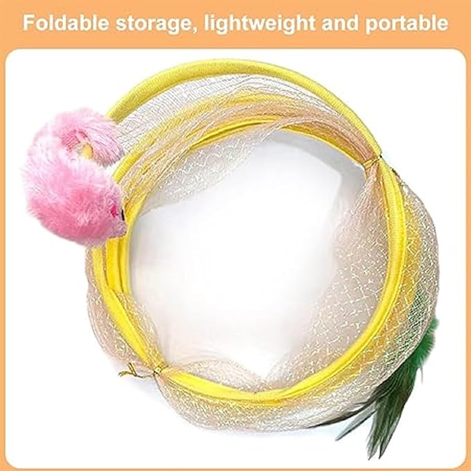 2Pcs Folded Cat Tunnel Toy for Indoor Cats,Collapsible Pet Spring Cat Toys with Feather Mouse Upgrade Interactive Toy Playing Tent for Puppy Kitten Accessories Home Self-Happy Cat Toys (Yellow)-PurrikoPets