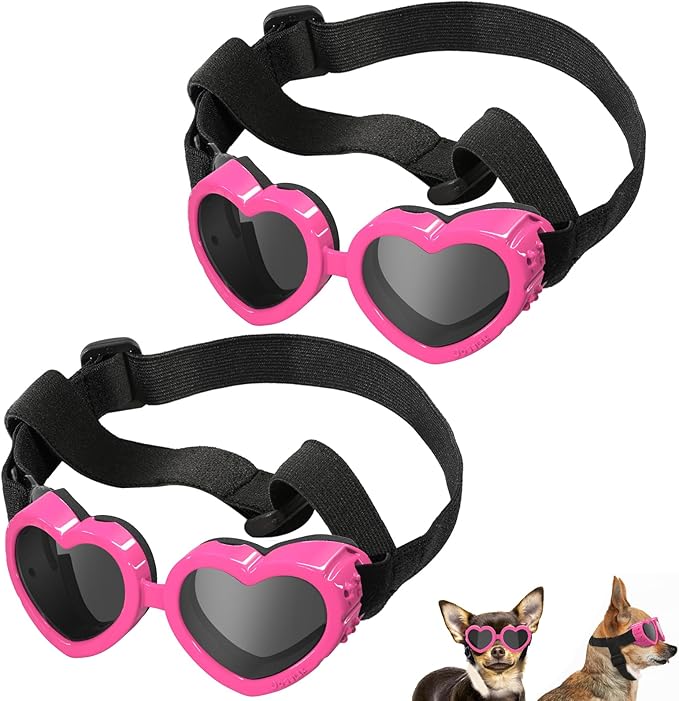 2 Pack Small Dog Sunglasses UV Protection Goggles Eye Wear Protection with Adjustable Strap Doggy Heart Shape Anti-Fog Sunglasses for Pet Dogs Sun Glasses Doggie Windproof Glasses, Pink-PurrikoPets