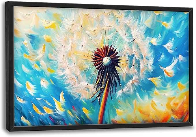 Extra Large Abstract Dandelion Framed Wall Art for Living Room,Oversized Colorful Dandelion Flower Pictures Wall Decor,Blue Canvas Print Painting Modern Artwork Bedroom Office Bathroom 36L" x 24W"-PurrikoPets