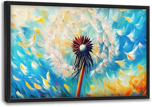 Extra Large Abstract Dandelion Framed Wall Art for Living Room,Oversized Colorful Dandelion Flower Pictures Wall Decor,Blue Canvas Print Painting Modern Artwork Bedroom Office Bathroom 36L" x 24W"-PurrikoPets