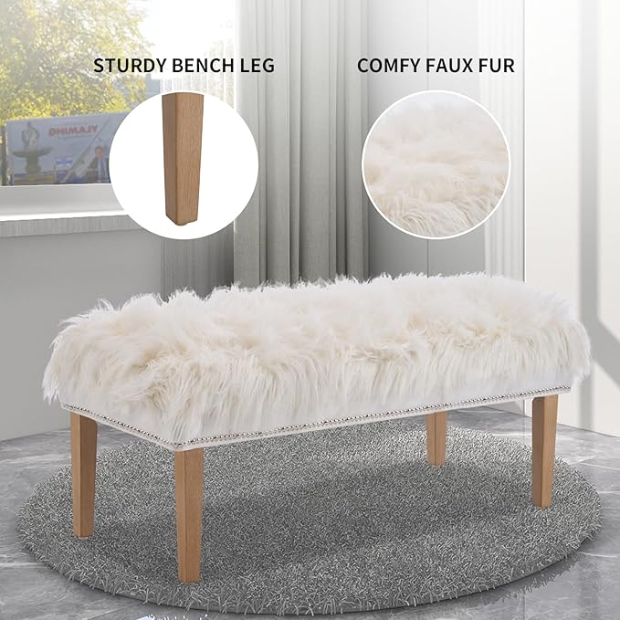 46 Inch White Bedroom Bench, Modern Multi-Purpose Bench with Wooden Legs, Faux Fur Upholstered, 3-Seater, 220 lbs Weight Capacity-PurrikoPets
