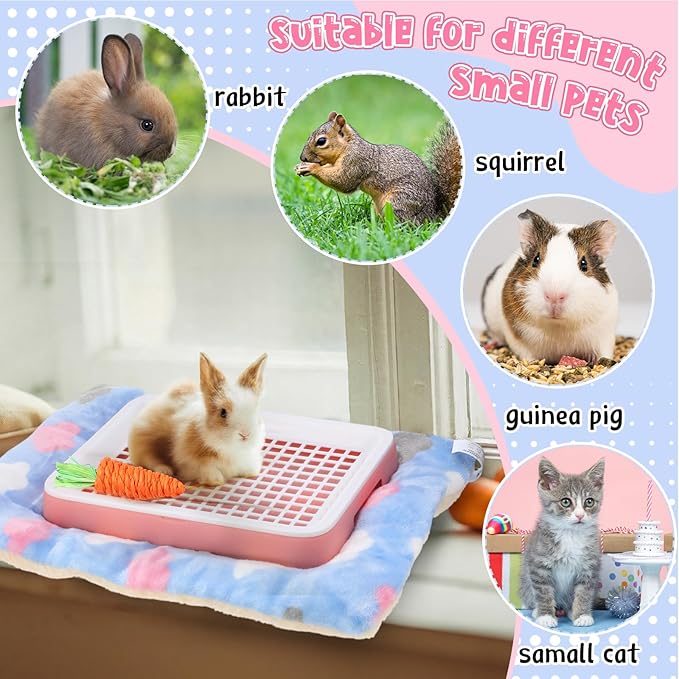 19 Pcs Rabbit Starter Kit Small Bunny Litter Box Rabbit Grooming Kit Water Bottle Bunny Toys Hay Feeder Bowl Blankets with Cleaning Set for Guinea Pig Accessories (Pink-White,Strawberry Bear)-PurrikoPets