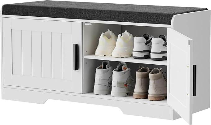 2-Tier Storage Bench, Shoe Bench with Thickened Padded Seat Cushion, Entryway Bench with 2 Doors, Adjustable Shelf, 13.8" D x 37.4" W x 18.5" H, for Entryway, Living Room, Bedroom, White-PurrikoPets