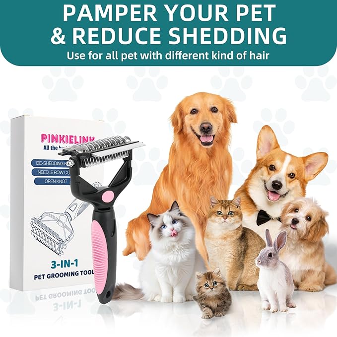3-IN-1 Pet Grooming Tool - Undercoat Rake, Dematting Comb & Deshedding Brush for Cats & Dogs - Removes Mats, Tangles & Loose Fur, Reduces Shedding & Prevents Hair Mess (Pink)-PurrikoPets