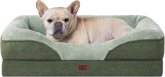 EHEYCIGA Memory Foam Dog Bed for Medium Size, Orthopedic Dog Sofa with Sides and Waterproof Liner, Washable Bolster Pet Couch with Removable Cover, 30x20x6.5 Inch, Green-PurrikoPets