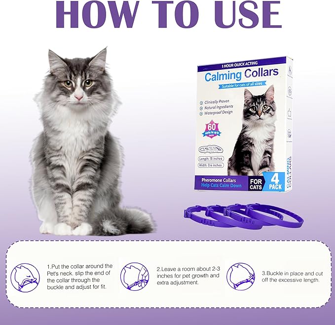 4 Pack Calming Collar for Cats - Long-Lasting Anxiety and Stress Relief, Relaxing Cat Collar,Adjustable Pheromones Collar for Cats，Natural Soothing 60 Days of Continuous Calming Move-PurrikoPets