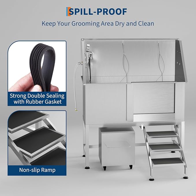 50" Stainless Steel Professional Dog Washing Station - Pet Bathing Tub w/Non-Slip Stairs & Storage Shelf | Slip-Resistant Floor Grate | for Large/Medium/Small Dogs-PurrikoPets