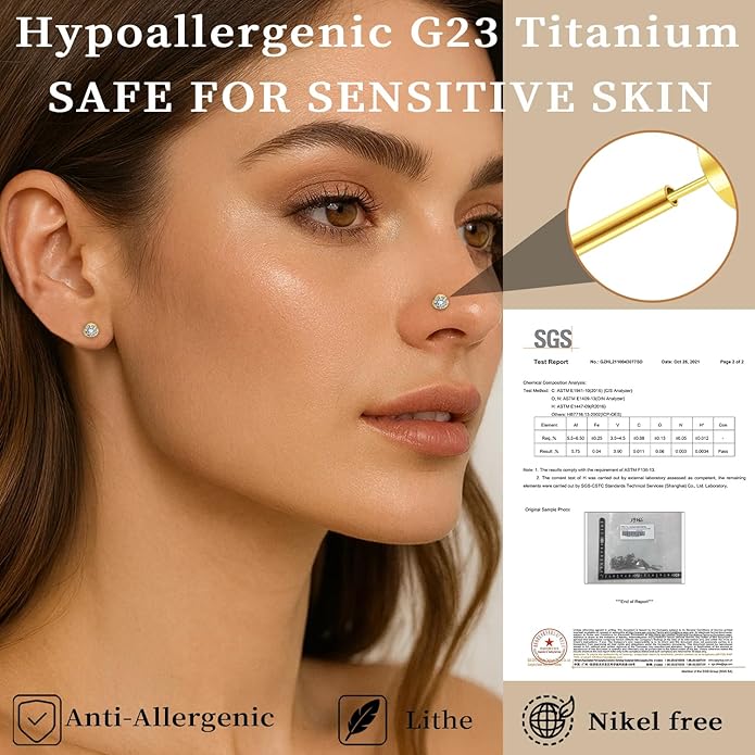 Delicate Moissanite & Titanium Threadless Flat Back Studs - 6-Piece 20G Labret Set for Nose, Helix, Cartilage, Conch, and Lip Piercings for Women & Men