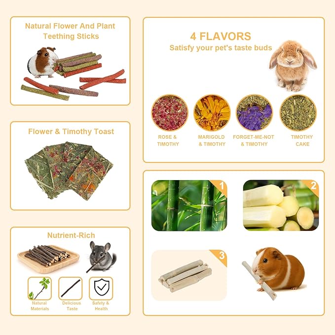 65PCS Rabbit Bunny Guinea Pig Chew Toys Treats, Chinchilla Hamster Chews Toys for Teeth, Timothy Hay Chips Treats Sticks for Rabbit Guinea Pig Chinchilla Hamster Rat-PurrikoPets