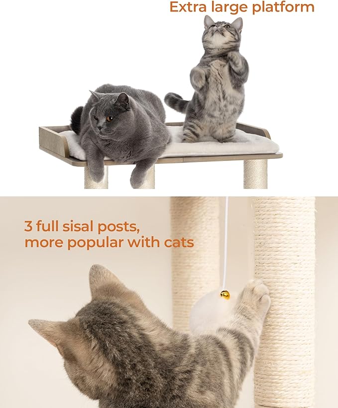 FourFurPets 22in Cat Tree Tower Condo, Cat Scratch Posts for Indoor Cats, Big Plate, Three 23.6in Full Sisal Scratching Posts, Greige-PurrikoPets