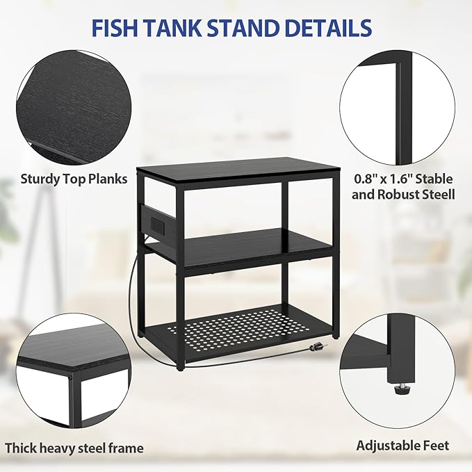 20-29 Gallon Fish Tank Stand with Power Outlets, 3-Tier Metal Aquarium Stand, Breeder Reptile Tank Stand with Shelf for Home Office, 660LBS Capacity, 29.5 x 15.8 x 30.1 inches, Black-PurrikoPets