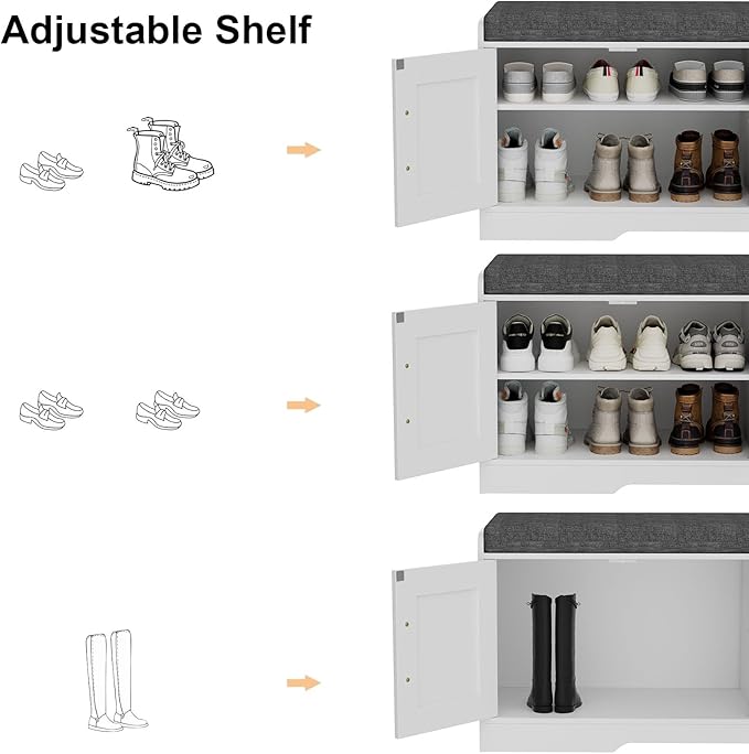 2-Tier Storage Bench, Shoe Bench with Thickened Padded Seat Cushion, Entryway Bench with 4 Doors, Adjustable Shelf, 13.8" D x 45.3" W x 18.5" H, for Entryway, Living Room, Bedroom, White-PurrikoPets