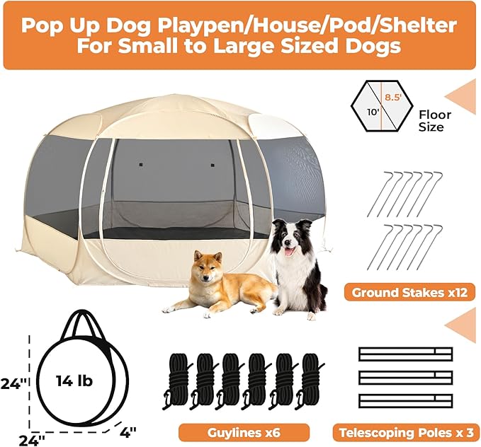 EighteenTek XXLarge Popup Portable Dog Houses, 10'x4.8'H Assembly-Free Gazebo-Style Dog Cot Cat Playpen Screen Pet Tent Sun Shade Shelter Dog Bed with Canopy for Outdoor Anti-Bugs with Leakproof Floor-PurrikoPets