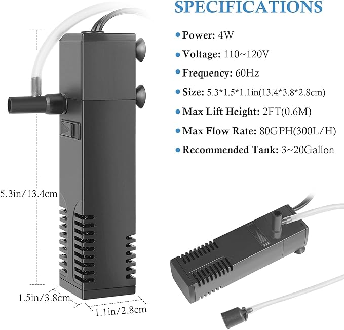 FEDOUR Submersible Aquarium Internal Filter, Filter with Water Pump for Fish Tank up to 35 Gallon (for 3-20 Gallon)-PurrikoPets