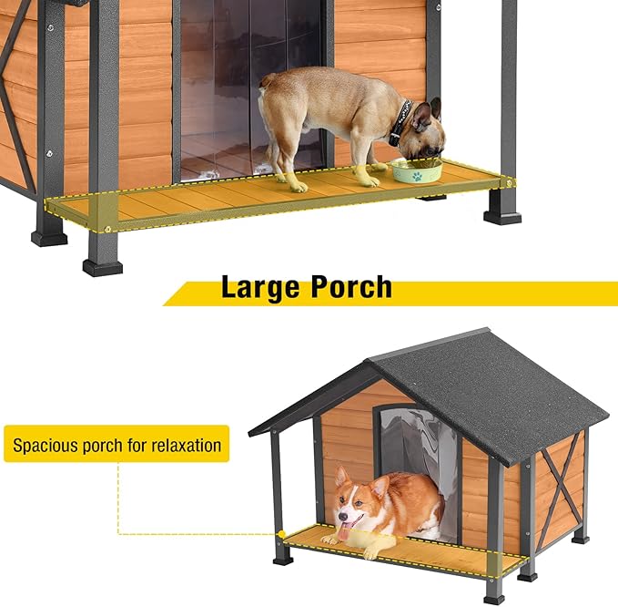 Aivituvin Dog House with Insulated Liner Outdoor All-Around Iron Frame Dog Kennel Outside with Overhang Roof Large Porch Weatherproof-PurrikoPets