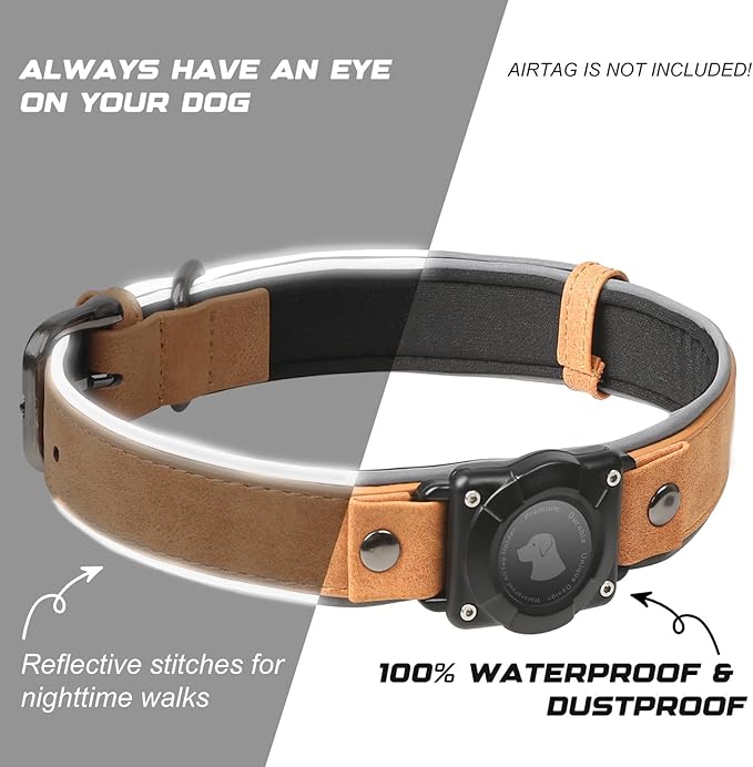 AirTag Dog Collar - Leather Dog Collar with Air Tag Holder | IPX8 Waterproof, Reflective, High - End, Adjustable Soft Padded | Dog GPS Tracker Collars Fit for Medium Large Dogs (Light Brown, M)-PurrikoPets