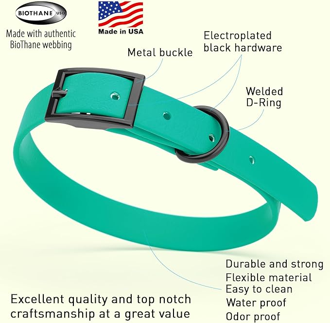 Dogline Biothane Waterproof Dog Collar Strong Coated Nylon Webbing with Black Hardware Odor- Proof for Easy Care Easy to Clean High Performance Fits Small Medium or Large Dogs, Teal-PurrikoPets