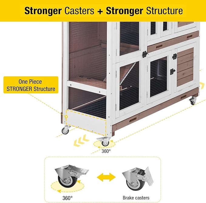 Aivituvin Rabbit Hutch Bunny Cage with Wheels Indoor Outdoor 47" Two Story Guinea Pig Cage with 2 Deep No Leak Tray-PurrikoPets
