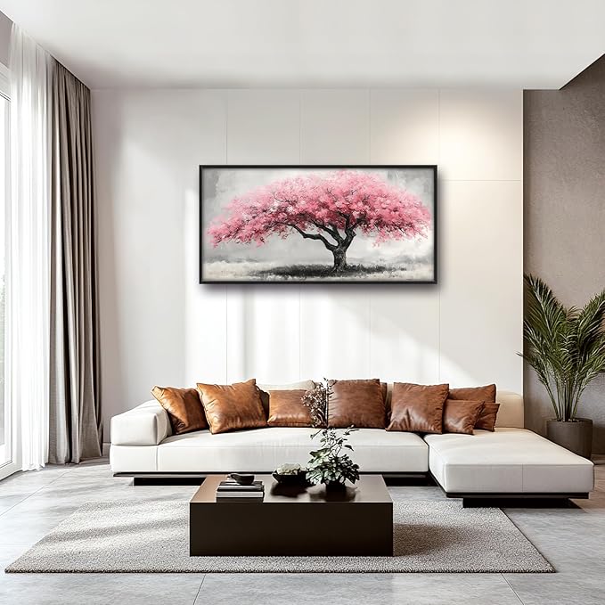 Extra Large Framed Pink Tree Wall Art,Abstract Tree of Life Wall Decor,Pink and Grey Pictures for Living Room,Canvas Print Painting Modern Artwork Bedroom Office Bathroom Home Decor 60L x30W-PurrikoPets