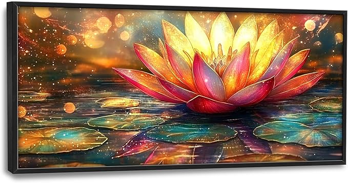 Framed Large Lotus Wall Art for Living Room, Oversized Lotus Flower Wall Decor Zen Golden Floral Canvas Painting Modern Artwork Home Decoration for Living Room Bedroom Office 60"x30"-PurrikoPets