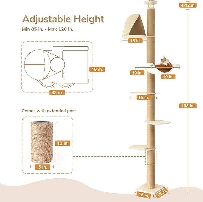 FUKUMARU Floor to Ceiling Cat Tree, 6 Level Adjustable Height (6-10 ft) Climbing Tower with Thickened Scratching Posts, Cats Activity Center with Cozy Hammock - Beige-PurrikoPets