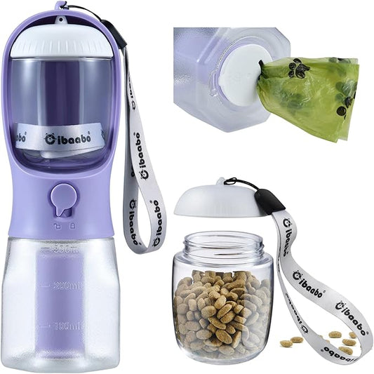 Dog Water Bottle with Food Container & Poop Bag Holder, Travel Water Bowl, Portable Pet Dispenser, Dog Stuff Accessories Items, Puppy Essentials Necessities for Yorkie Chihuahua Walking Hiking-PurrikoPets