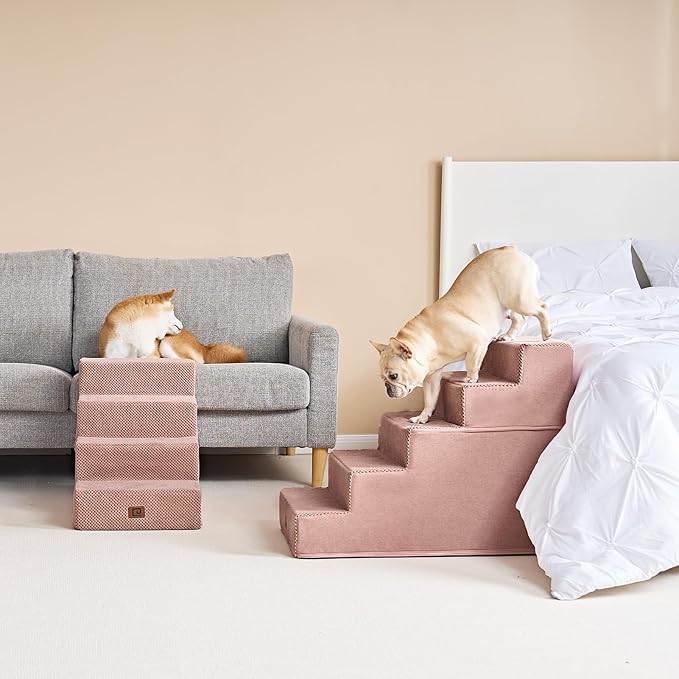 EHEYCIGA Dog Stairs for High Bed 22.5" H, 5-Step Dog Steps for Bed, Pet Steps for Small Dogs and Cats, Non-Slip Balanced Pet Ramp Indoor, Pink-PurrikoPets