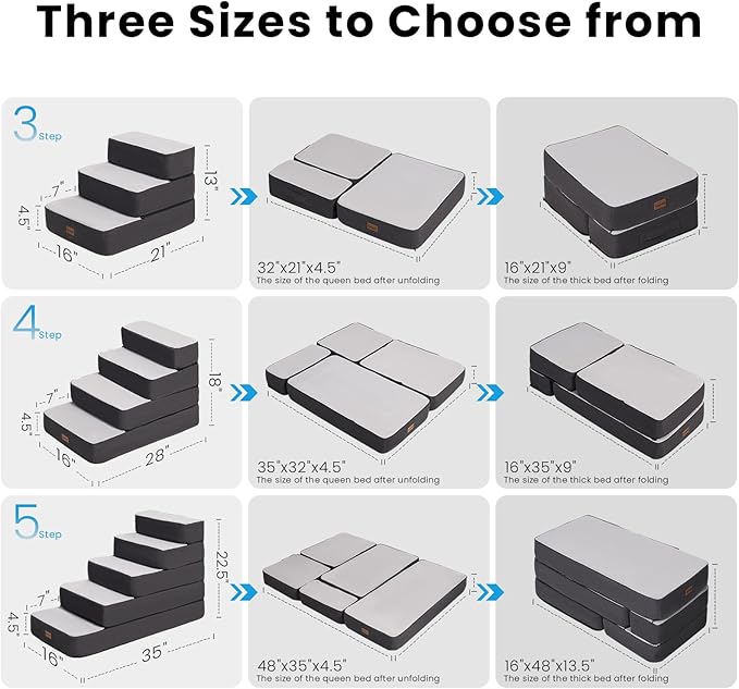 4-Step Adjustable Dog Stairs for Beds, Dog Steps for Small Dogs and Cats, Foldable Pet Stairs for Bed Climbing, Non-Slip Pet Step Indoor, Grey-PurrikoPets