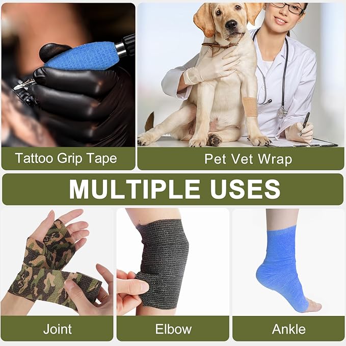 24 Pack Camo Self Adhesive Wrap, 2” x 5 Yards Vet Wrap Cohesive Camo Grip Tape Medical Wrap Self Adherent for Ankle, Wrist Sprains, Pet First Aid-PurrikoPets
