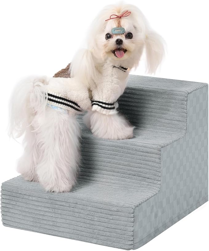 Dog Stairs for Small Dogs,13" H,3-Step Dog Steps for Bed and Couch with High Density Foam,Non-Slip Pet Steps for Doggy and Cat,Pet Stairs with a Washable Cover,Grey-PurrikoPets