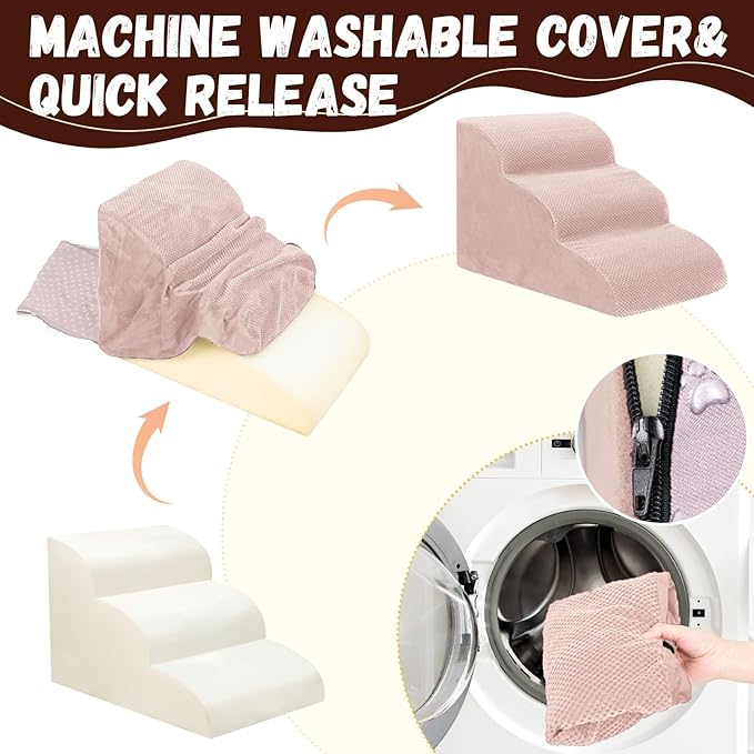 Dog Stairs for Small Dogs - High Density Foam Pet Steps, Extra Wide Dog Ramp with Non-Slip Bottom for High Beds, Couch and Sofa, Best for Dogs Injured, Older Doggy Cats,3 Steps, Pink-PurrikoPets