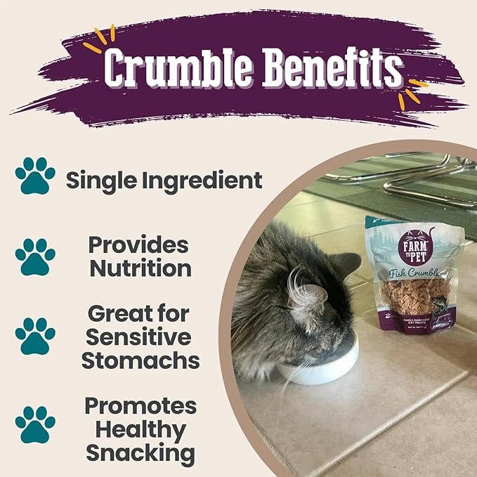 Farm To Pet - Cat Treat Crumbles - 3 oz Single Ingredient Fish Treat and Snacks - Healthy for Indoor Cats and Kitten - Essential Products (Mix with Wet/Dry Food)-PurrikoPets