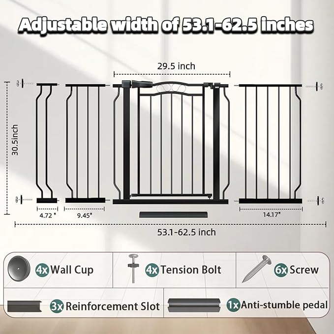53.1-62.5 Inch Extra Wide Baby Gate, Pressure Mounted Dog Gate Indoor, Walk Thru Pet Gate for Cat Dog Child,Pet Gates for The House Doorway Black-PurrikoPets