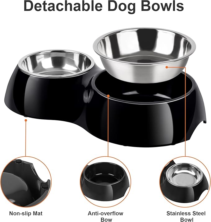 Double Dog Bowls Set – Non-Slip Pet Food & Water Dishes with Resin Stand, Includes Small (1 Cup) & Medium (2 Cups) Bowls – Ideal for Puppies, Cats, and Medium Dogs –Black-PurrikoPets
