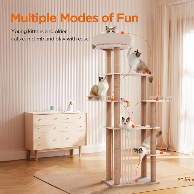 68" Large Cat Tree, Solid Wood Multi-Level Cat Tower with Scratching Posts, Fun Toys, and Washable Plush Platform for Indoor Cats-PurrikoPets