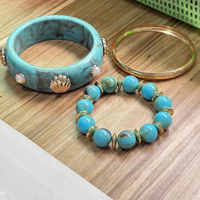 1 Set Bold Sea Inspired Multilayer Stackable Bracelet With Shell Waved Design Lightweight Resin Iron Jewelry For Women